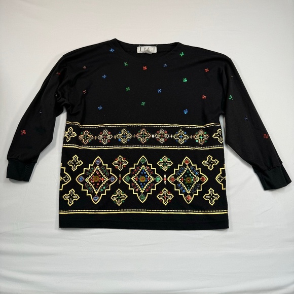 P.A International Sweaters - P.A International Long Sleeve Top Womens Size L Black Gold Sequin Vintage